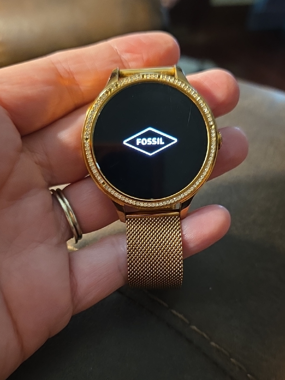 Fossil Gold Smartwatch with Mesh Band and Crystal Bezel